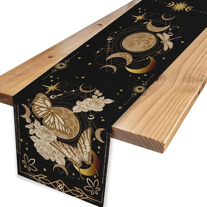 Gothic Moth Table Runner, Boho Floral Gothic Sun Moon Phase Mystical Witchy Starlight Coffee Table Center Decor for Home Kitchen Dining Patio Holiday Party Table Decorations 13x108 inches