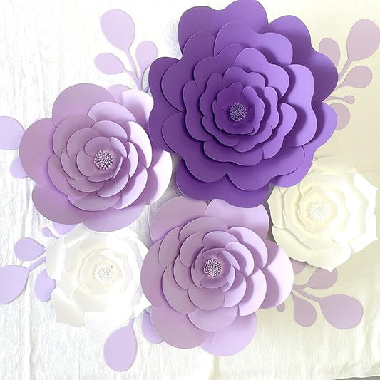 3D Party Paper Flower Decorations Need Assembled Artificial Paper Flower Decorations with Leaves Wall Backdrop Decor (White Purple Set) Wedding Bridal Nursery Baby Shower Decor Wall Flowers Decor