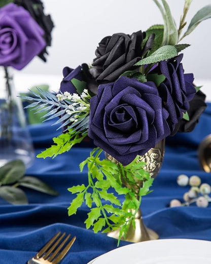 DuHouse 25Pcs Artificial Roses Flowers Fake Roses with Stems Real Touch Foam Flowers for DIY Wedding Bouquet Baby Shower Centerpiece Floral Arrangement Party Home Decor (Dark Purple)
