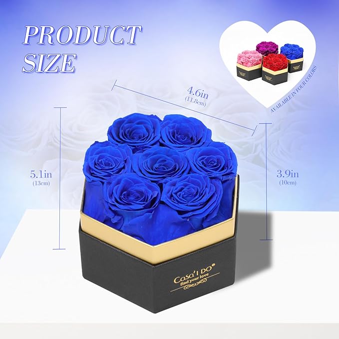 Preserved Roses Flowers for Delivery 7 Pcs, Forever Flores in a Box with Necklace, Eternal Rose Anniversary Birthday Gifts for Women Mom Wife Girlfriend, Rosas for Valentines Christmas, Blue