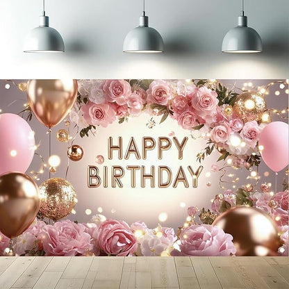 Pink Rose Happy Birthday Backdrop Banner Gold Glitter Crown Photography Background Women Girls Birthday Party Decoration Balloon Gift Floral Banner Photo Booth Props 71x43 Inch