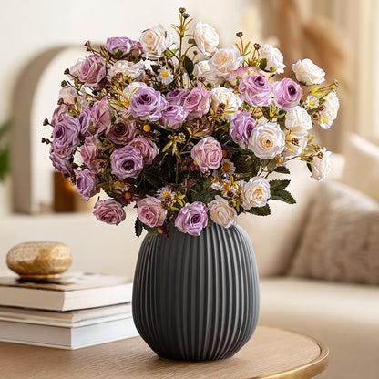 Artificial Rose Flowers for Outdoor 4 Bundles Rose Bouquet with Daisy Faux Flowers UV Resistant for Home Indoor Outside Garden Porch Window Box Balcony Yard Porch Fall Decor (White+Purple)