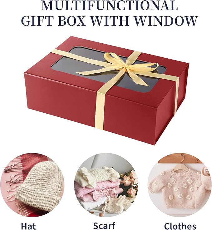 TIACABO Red Large Gift Box with Window, 13.5"x9"x4.3" Bridesmaid Boxe for Gifts Giving,Birthday Gift Boxes with Magnetic,Closure Lid Gifts Box for Presents,Cute Boxe,Luxury for Gift Packaging