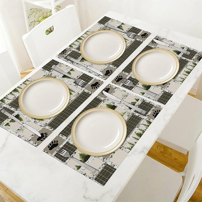 Forest Bear Moose Place Mats Set of 4 Pine Tree Wild Animal Kitchen Dining Table Mat for Indoor Outdoor Decorations 12 X 18 Inch 4 PCS, Style-19