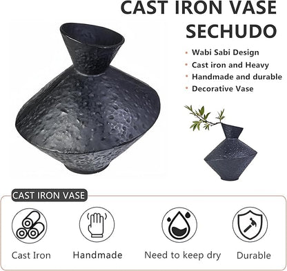 Unique Handmade Cast Iron Vase for Dried Flowers or Pampas Grass, 8.86" H Heavy and Durable Wabi Sabi Vases, Handicraft, Matte Black Vase for Modern, Rustic and Farmhouse Decor