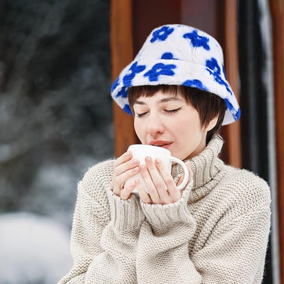 Winter Soft Faux Fur Plush Bucket Hat, Lovely Fisherman Cap, Fashion Outdoor Thick Warm Sun Cap for Women