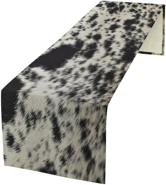 Cow Skin Print Table Runner, Rustic Country Farmhouse Animal Fur Skin Western Farm Black Cowhide Print Dinner Runner Table Decoration for Home Kitchen Dining 13x120in