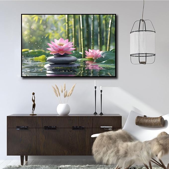 Ethereal pink lotus on obsidian Sunlit bamboo forest with sparkling water drops Poetic nature inspired wall art for tranquil homes and mindful spaces 8x12in Metal blackFramed