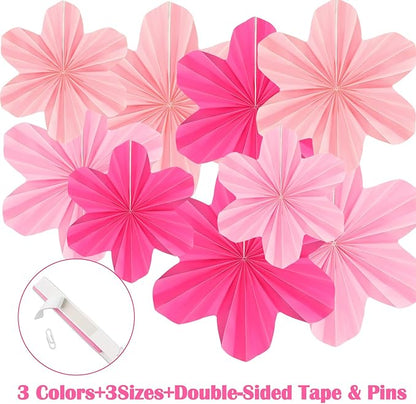 9 Pcs Pink Paper Flower Party Decorations, Hot Pink Paper Fans Hanging Ornaments Pink Birthday Decorations for Classroom Floral Backdrop Wedding Baby Showers Wall Decor