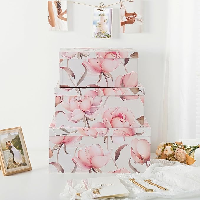 Soul & Lane Decorative Cardboard Storage Boxes with Lids for Home Decor and Organization, Set of 3 Large Keepsake Boxes for Memories & Gifts, Nesting Floral Photo Storage Containers, Peonies Paradise