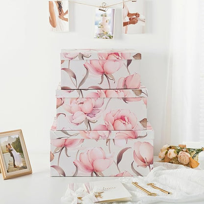 Soul & Lane Decorative Cardboard Storage Boxes with Lids for Home Decor and Organization, Set of 3 Large Keepsake Boxes for Memories & Gifts, Nesting Floral Photo Storage Containers, Peonies Paradise