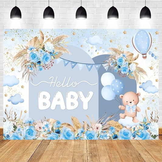 12x8ft Hello Baby Backdrop Blue Gold Boho Floral Bear Baby Shower Photography Background Balloon Stars Clouds Banner Decorations Welcome Newborn Celebration Party Portrait Photo Booth Prop