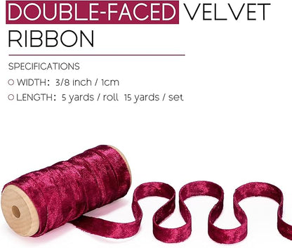 Velvet Red Ribbon for Christmas Tree Decor Double-Sided Handmade Glossy Fabric Trim Wooden Spool Thin Ribbons Gift Wrapping Crafts Wedding Flower Bouquet 3/8 inch x 5YD 3 Rolls
