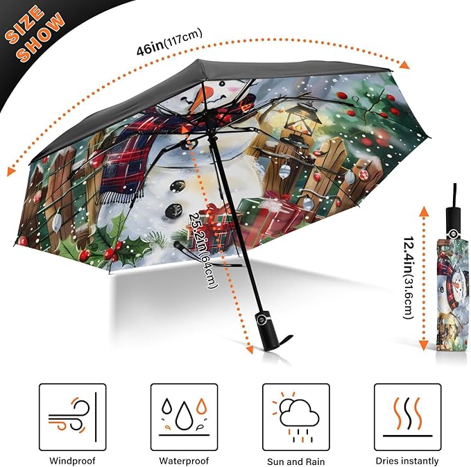 panksolu Folding Umbrella Christmas Cute Snowman Compact Travel Umbrella Automatic Portable Lightweight Windproof Umbrellas for Sun Rain UV Protection Large Portable Umbrellas