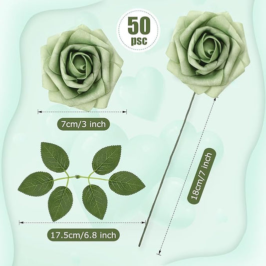 50 Pcs Artificial Foam Rose Flowers Faux Bouquet with Leaves and Stems for DIY Wedding Bouquets Centerpieces Bridal Shower Party Valentine Home Decorations (Gradient Green)