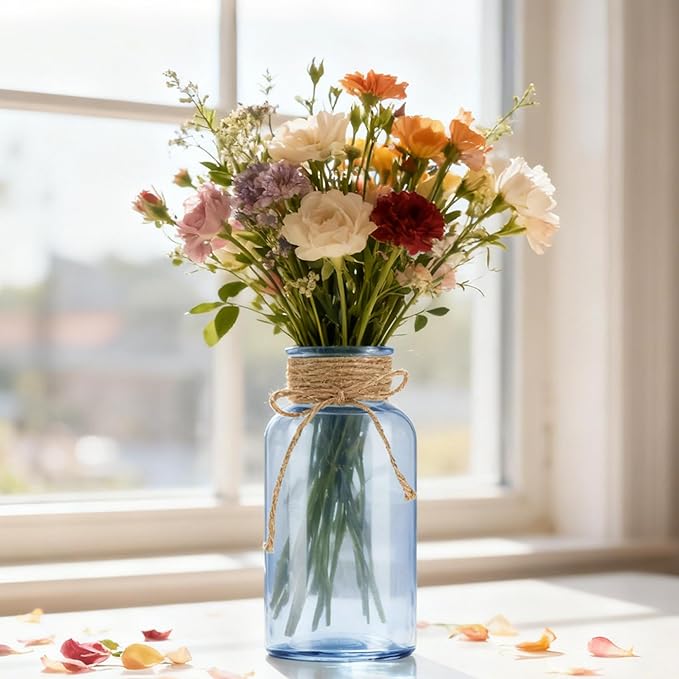 Vintage Glass Flower Vase，3 Pack Farmhouse Blue Glass Centerpiece Vases Mason Jars for Weddings, Parties & Home Decor Bulk (3, Blue)
