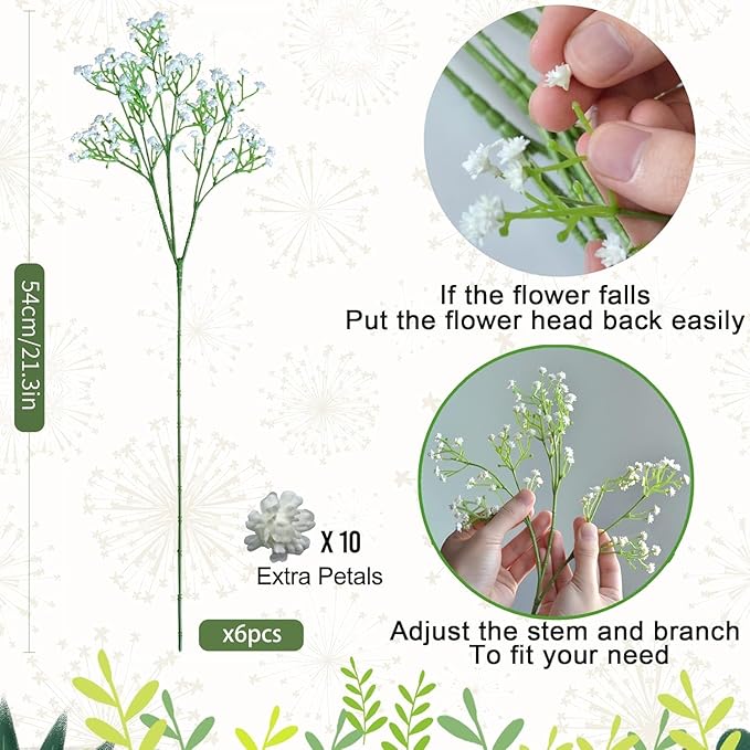 JIFTOK Babys Breath Artificial Flowers, 6 Pcs Fake Flowers Gypsophila Bouquet Fall Flowers Artificial for Decoration, Real Touch Silk Flower for Wedding Christmas DIY Party Home Garden Office(White)