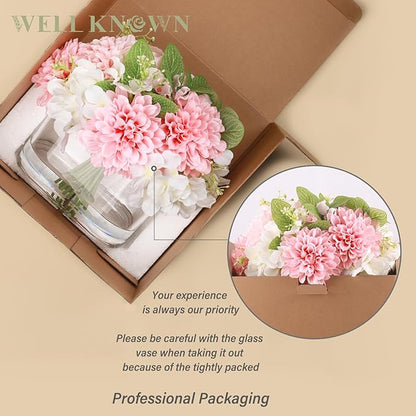 WELL KNOWN Artificial Hydrangea Dahlia Flowers in Vase, Faux Silk Flowers Arrangement with Big Glass Vase for Home Wedding Party Dining Table Centerpiece Home Office Decor & Women Mom's Gift (Pink)