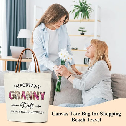 Canvas Tote Bag for Women, Important Stuff Bag with Leather Handle, Reusable Grocery Bags for Shopping Beach Travel