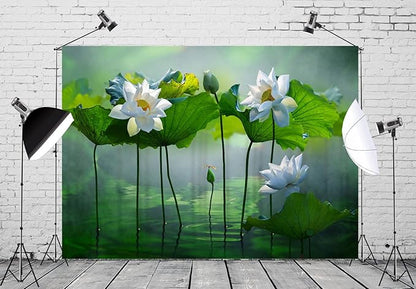 BELECO 9x6ft Fabric Lotus Flower Backdrop Lotus Garden Blooming White Lotus Flowers Pond Background Wall Decor Photo Booth Shoot Studio Props Wallpaper