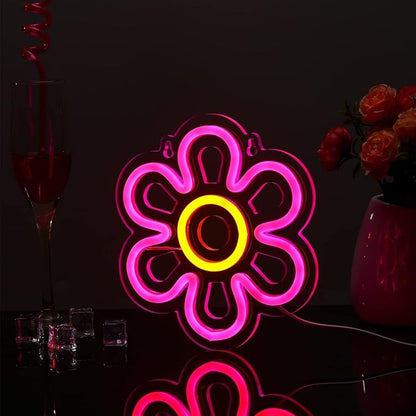 Bonuci 2 Pieces Flower Neon Sign 7.87 Inch Daisy LED Lights USB Powered Pink Retro Flower Shaped Neon Sign for Room Wall Decor Home Shop Wedding Birthday Party Decoration(Pink, Yellow)