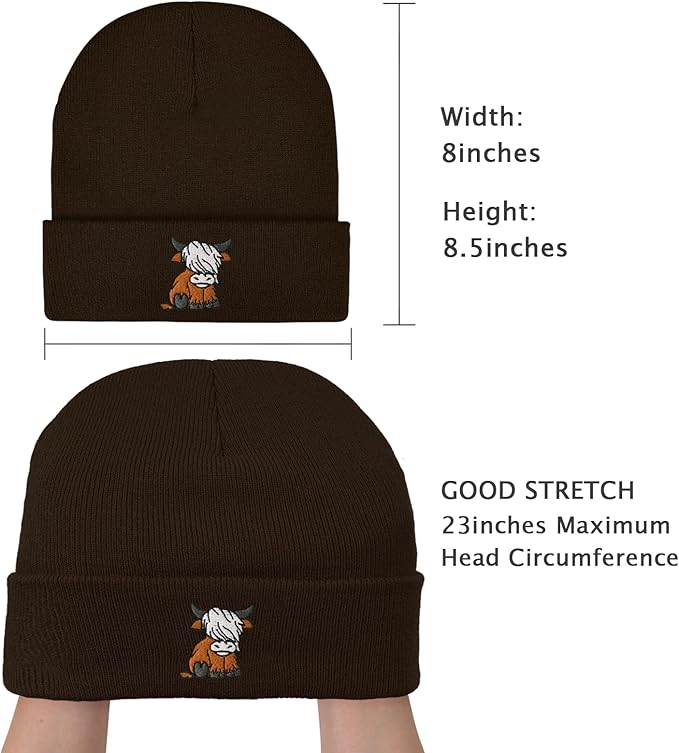 Scottish Highland Cow Beanie Hat, Cute Funny Cow Embroidery Winter Knit Skull Cap for Adult Men Women