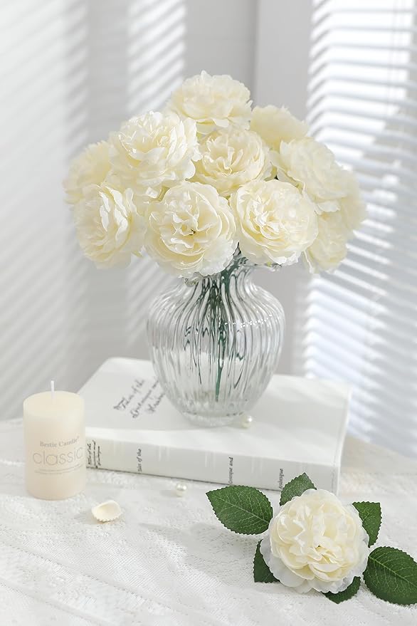 12 PCS Artificial Silk Ivory Peony Flowers with Stems - 8 Inch Fake Peony Bouquet for Wedding, Home Decor, Office Table, Festival Gifts