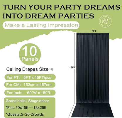 PartyVillage 50ft×15ft Black Backdrop Curtain for Wedding Parties, 10 Panels Wrinkle Free 15 FT Long Polyester Photo Backdrop Drapes Back Drop Cloth for Birthday Photography Background