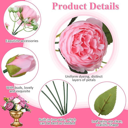 Hoteam 24 Bundles Artificial Peonies Flowers Wedding Faux Flowers Silk Peony Bouquet Bulk Bride Fake Florals Arrangements for Table Centerpieces Wedding Party Vase Decor (Light Pink, White)