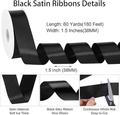 Black Ribbon 1 1/2 inch 60 Yards Satin Craft Fabric Ribbon for Halloween Decor Gift Wrapping Floral Flower Bouquet Bows Making Party Clothes Christmas Decorations