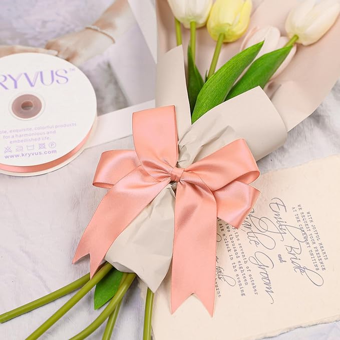 Peach Satin Ribbon, Double Faced 1-1/2 Inch X 25 Yards Peach Ribbon, Premium Satin Ribbons for Gift Wrapping, Crafts, Hair Bow Making, Sewing, Flower Bouquet, Wedding Party Decor