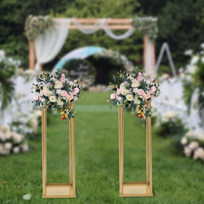 2PC 23.6" Flower Stand for Wedding Metal Cylinder Stands for Party Rectangular Gold Centerpieces Flower Vase Gold Pedestal Columns for Weddings Indoor Outdoor Flower Plant Stand Decoration