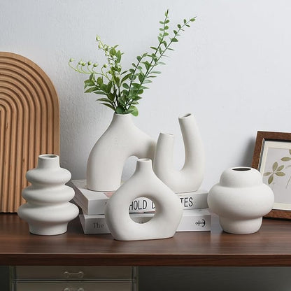 CUCUMI Ceramic Flower Vase Set of 5 Modern Nordic Boho Style Decorative Vases Home Decor, Matte Ceramic Decorations for Living Room Shelf, Bookshelf Mantle Entryway Table or Console Décor