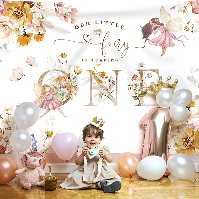 Floral Fairy 1st Birthday Backdrop for Photography Flowers Fairy Tale Tea Wonderland Princess Girl Happy First Birthday Party Background Decoration Banner Supplies Photo Booth Props 7x5ft