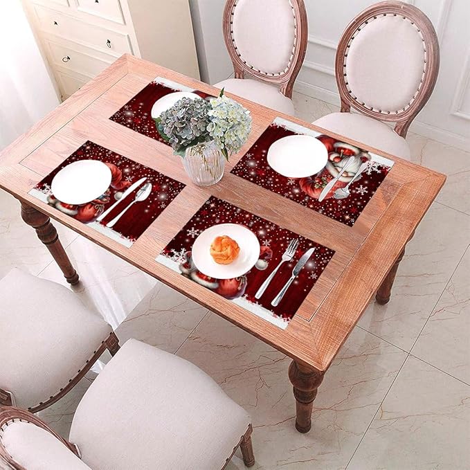 PVC Placemats Set of 1 Wipeable Table Mats Washable Heat Resistant Non Slip Vinyl Dining Table Mat for Kitchen Indoor Outdoor Patio Farmhouse Place Mats Red Santa Claus Gnome Decorative
