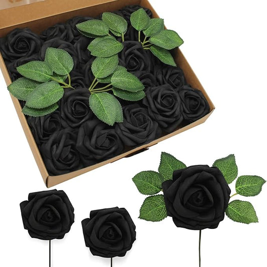 JOYLEX Artificial Flowers Realistic Roses, 50pcs Real Looking Fake Roses with Stem for DIY Wedding Bouquets Centerpieces Bridal Shower Party Home Romantic Decorations (Black)