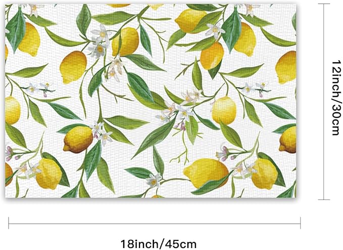 Placemats Set of 4 Waterproof Oilproof Table Mats Lemon Pattern Washable Wipeable Heat Resistant Easy to Clean for Indoor Outdoor Party Kitchen Dining Table Decoration 12 * 18in