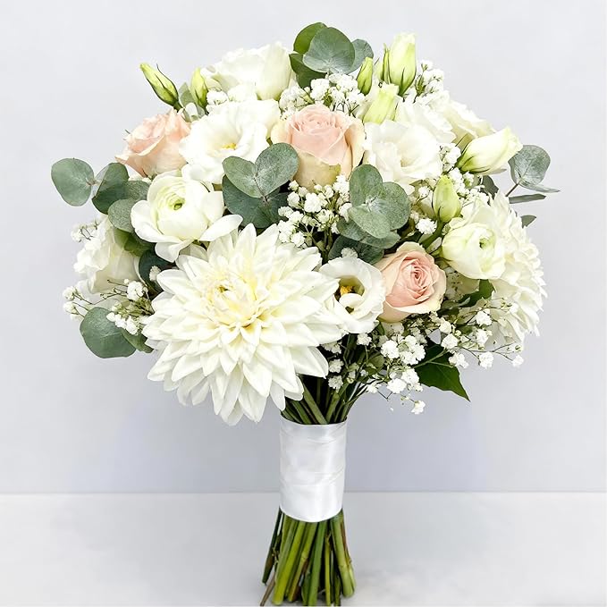 Dahlia Artificial Flowers, 23 inch White Silk Flowers with 6 Heads, Realistic Faux Floral Stems for Wedding Centerpieces and Home Decor