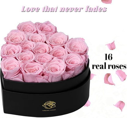 16-Piece Forever Flowers Heart-Shaped Box – Real Immortal Preserved Roses Lasting a Year, Perfect for Birthday, Girlfriend, Mother, or Wife, Valentine Day Gift for Her - Pink