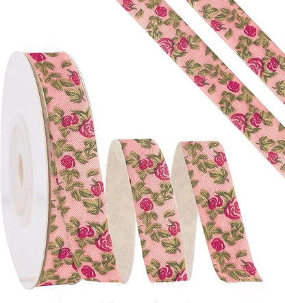 Pink Floral Ribbon 5/8" x 10Yards Vintage Flower Ribbons for Bow Wreath Craft Gift Wrap, Floral Flowers Printed Cotton Ribbon for DIY Handmade Hair Bow Festival Wedding Home Party Decor