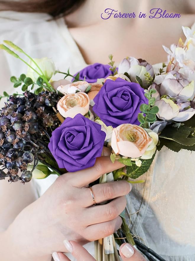 MACTING 60PCS Artificial Rose Flowers Real Touch Foam Flowers with Stem Fake Roses for DIY Wedding Bouquet Table Centerpieces Party Holiday Home Indoor Spring Valentines Day Decorations,Purple