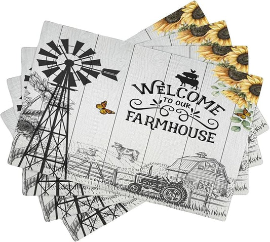 Farm Placemats, Vintage Rustic Farmhouse Wooden Plank Cow Sunflower Tractor Windmill Butterfly Print Washable Fabric Placemats Table Kitchen Dining Party 12x18 Inch Set of 4