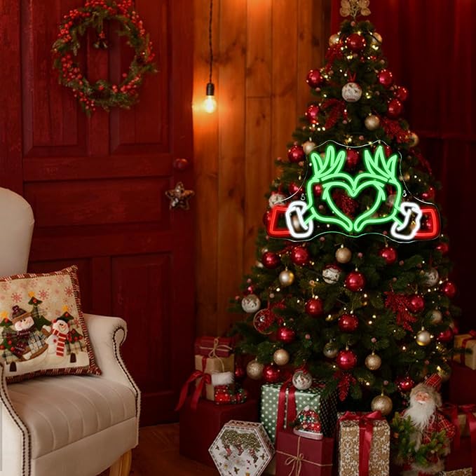 Merry Grinchmas Neon Sign Grinch Green Hands Neon Light Grinch Ornament Wall Decor Christmas Grinch Outdoor Decor Holiday Grinchy Gift for kids