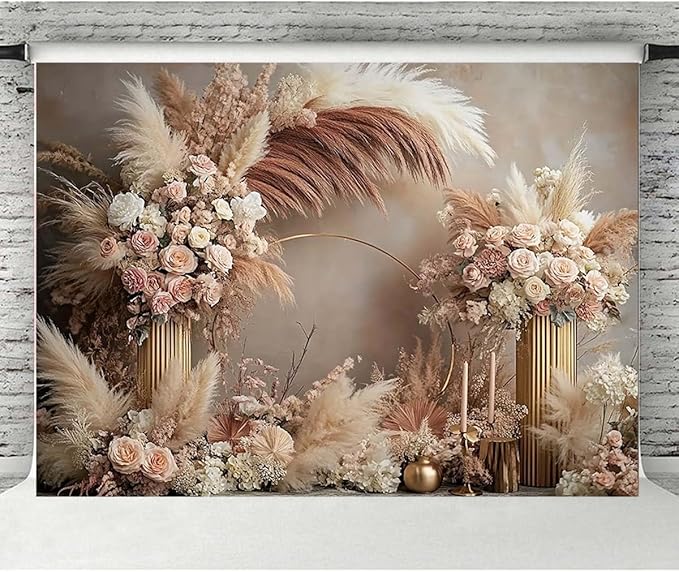 Boho Floral Wedding Backdrop Pampas Grass Flower Curtain Background Wedding Bridal Shower Anniversary Party Decoration Backdrop Newborn Baby Shower Pregnancy Photos Backdrop (5x3feet)