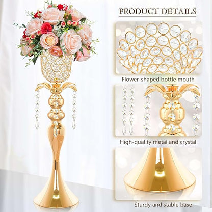 2Pcs Gold Crystal Metal Vase Set - Tulip & Trumpet Wedding Centerpieces, Artificial Flower Arrangement Vases for Home Decor, Restaurant Table Displays