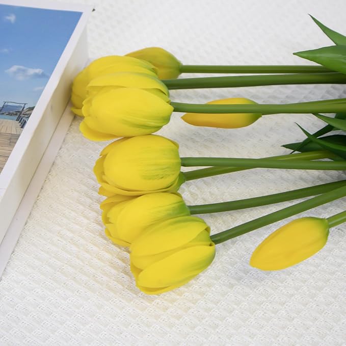 10 Pack Real Touch Tulips Artificial Flowers, 15.7 Inch Bendable Latex Tulips - No Maintenance Faux Flowers for Vase, Home Decor, Wedding Centerpiece (Yellow)