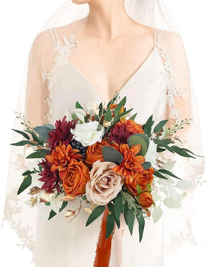 Rinlong 12.5 Inch Fall Wedding Bouquets for Bride Burnt Orange Bridal Bouquet for Wedding Artificial Terracotta Bouquets Boho Silk Flowers for Wedding Ceremony