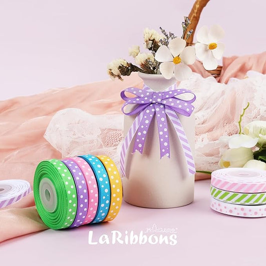 LaRibbons 3/8 Inch 100 Yards Grosgrain Ribbon Set 10 Yd/Roll 10 Rolls Striped and Polka Dot Spring Easter Craft Ribbon for Gift Wrapping Floral Bouquets Wedding Party Decoration