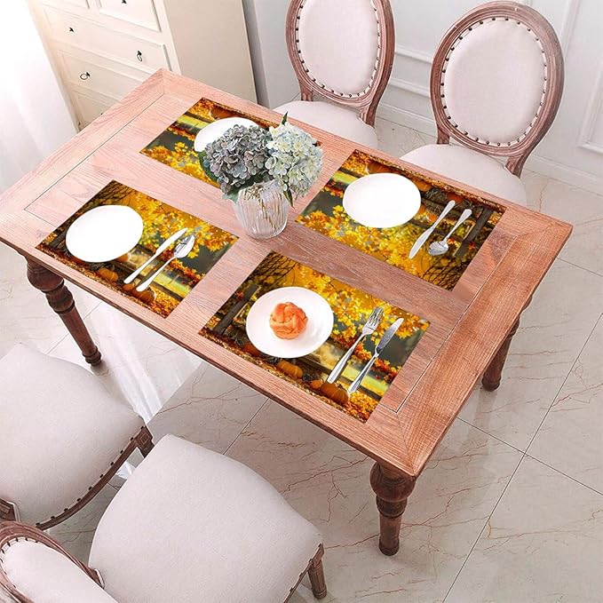 PVC Placemats Set of 4 Wipeable Table Mats Washable Heat Resistant Non Slip Vinyl Dining Table Mat for Kitchen Indoor Outdoor Patio Farmhouse Place Mats Autumn Pumpkin Maple Decorative