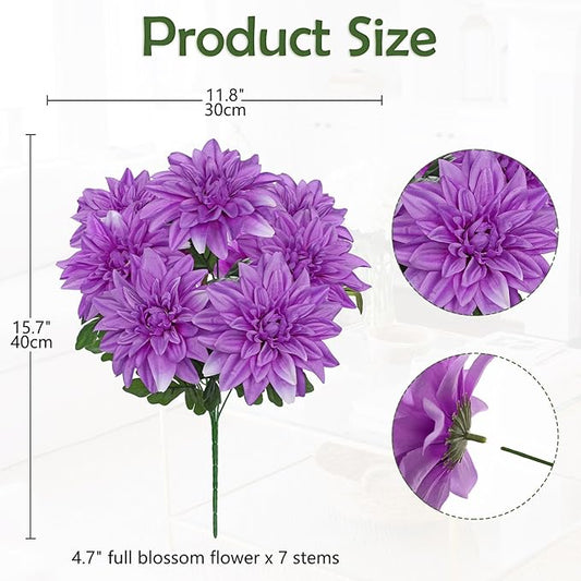 Hollyone Purple Artificial Dahlia Flowers Bush 7 Heads Silk 15.7" Fake Dahlias Flowers Wedding Bouquets Faux Dahlia Flowers Floral Arrangements for Outdoor Indoor Party Table Centerpieces Home Decor